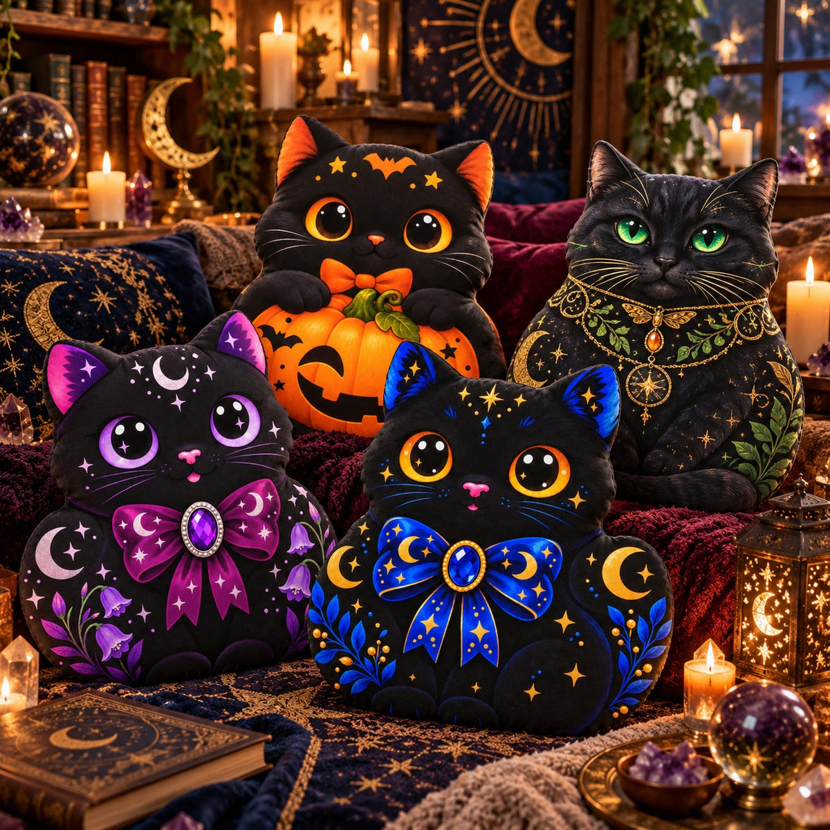 Four decorative black cat-shaped pillows with celestial and Halloween motifs, arranged on a cozy bookshelf surrounded by candles, books, and lanterns.