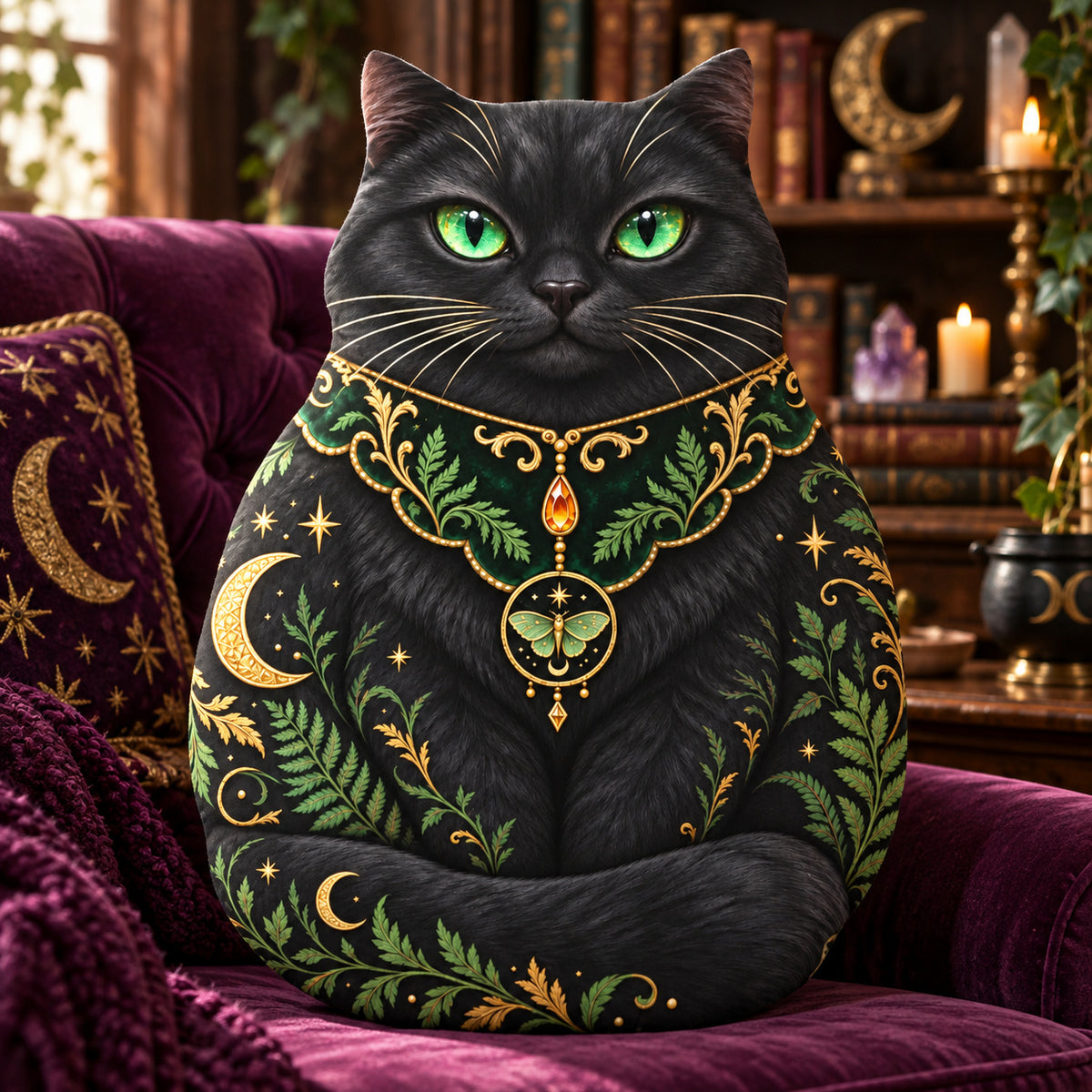 Celestial Black Cat Plush Pillow design on a sunlit seat in a witchy room