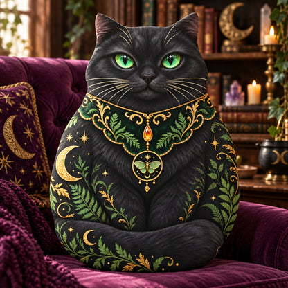 Celestial Black Cat Plush Pillow design on a sunlit seat in a witchy room
