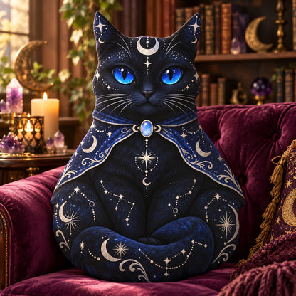 Celestial Black Cat Plush Pillow design on a sunlit seat in a witchy room