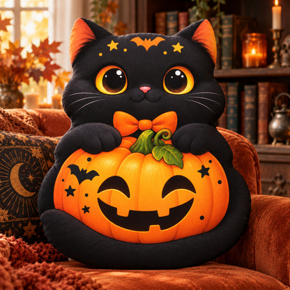 Celestial Black Cat Plush Pillow design on a sunlit seat in a witchy room