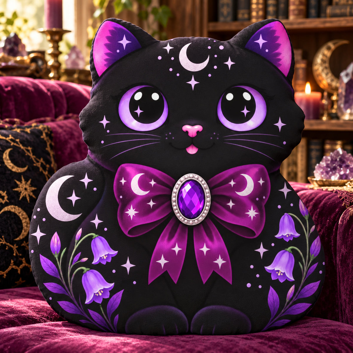 Celestial Black Cat Plush Pillow design on a sunlit seat in a witchy room
