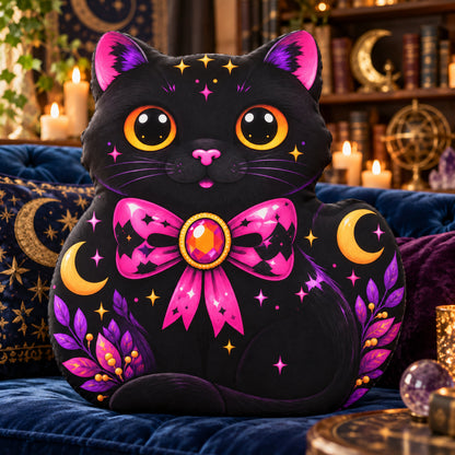 Celestial Black Cat Plush Pillow design on a sunlit seat in a witchy room