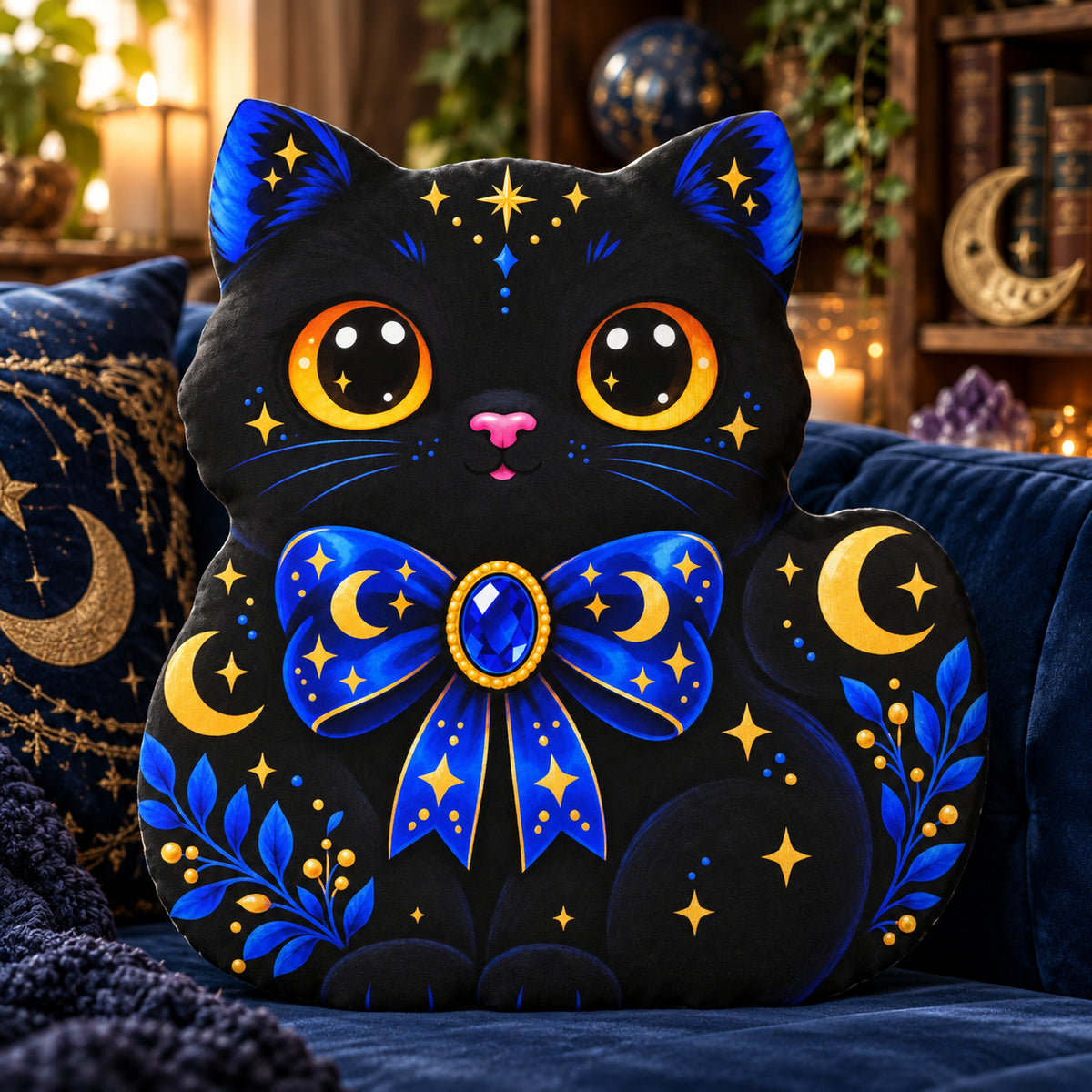Celestial Black Cat Plush Pillow design on a sunlit seat in a witchy room