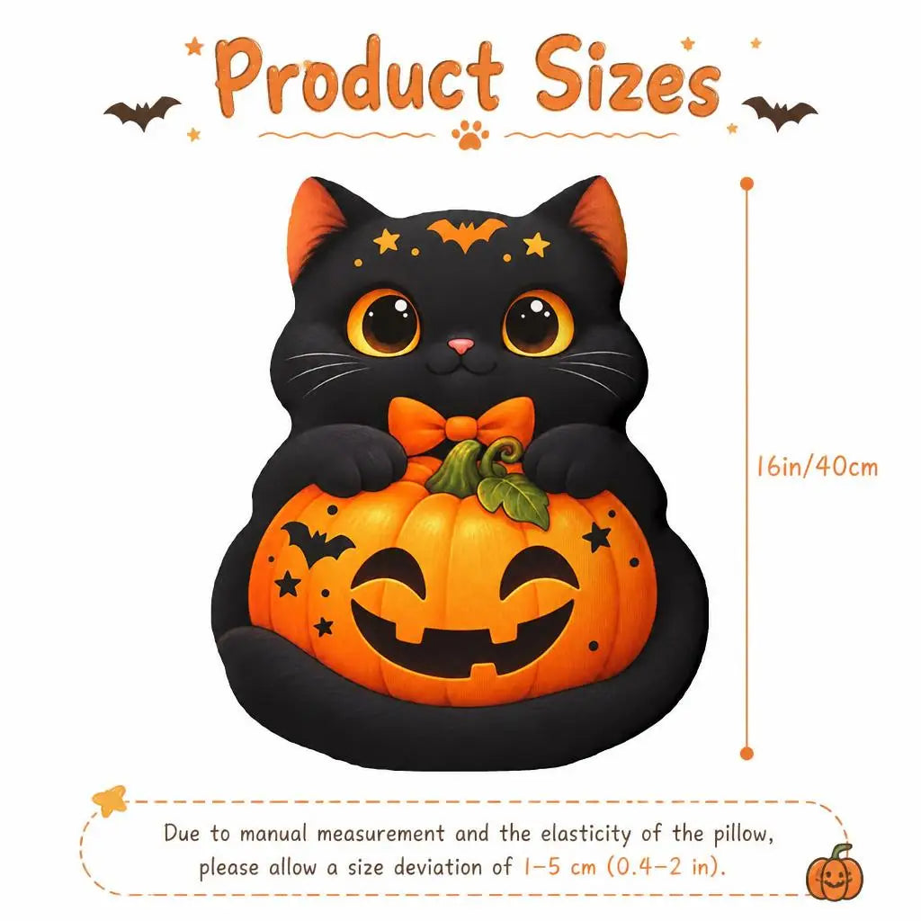 Size guide showing 16 inch / 40 cm: decorative plush pillow featuring celestial black cat artwork