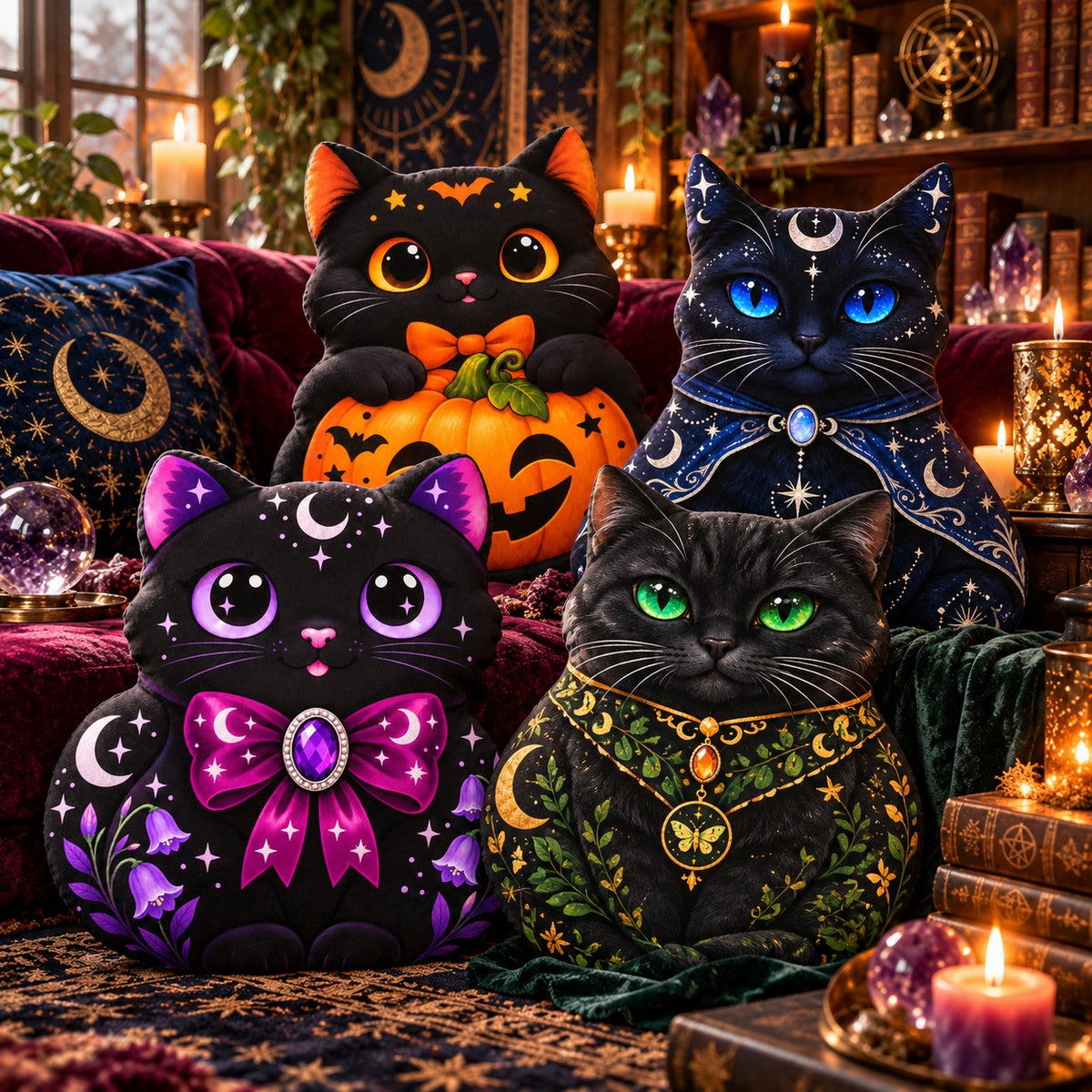 Four decorative cat figurines styled in a cozy Halloween-themed room. The cats are black with glowing colored eyes and wear celestial collars or bows, with one holding a carved orange pumpkin.