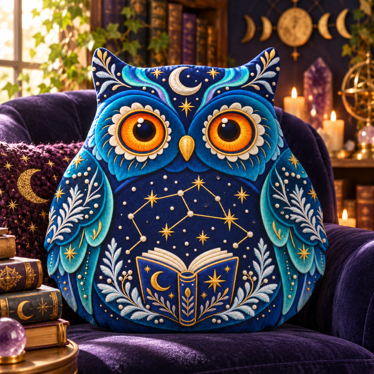 Celestial Bookish Owl Plush Pillow design on a sunlit seat in a witchy room