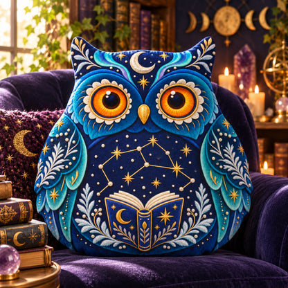 Celestial Bookish Owl Plush Pillow design on a sunlit seat in a witchy room