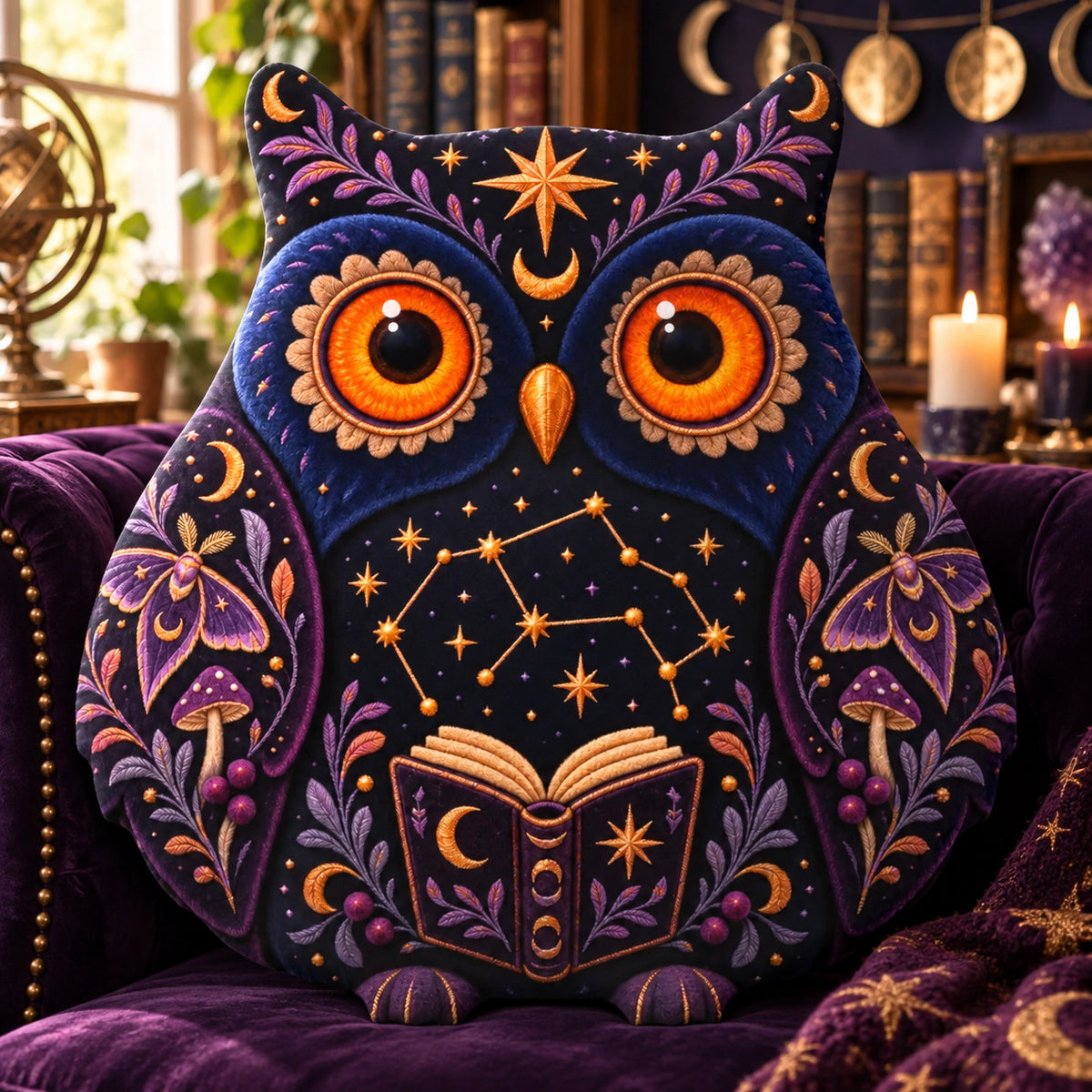 Celestial Bookish Owl Plush Pillow design on a sunlit seat in a witchy room
