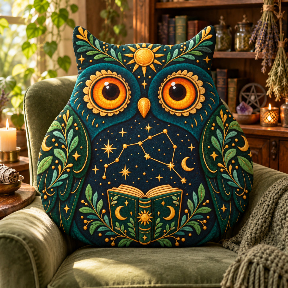 Celestial Bookish Owl Plush Pillow design on a sunlit seat in a witchy room