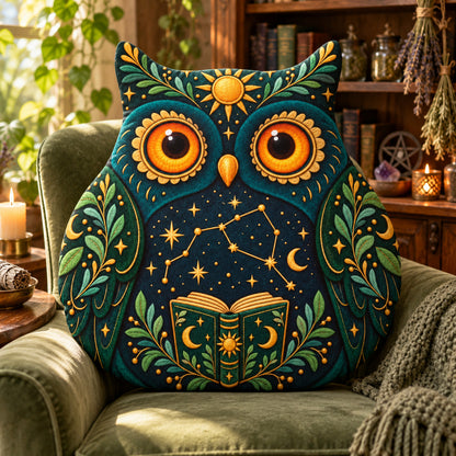 Celestial Bookish Owl Plush Pillow design on a sunlit seat in a witchy room