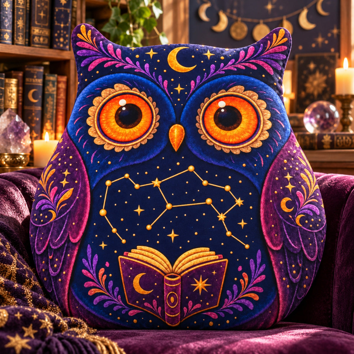 Celestial Bookish Owl Plush Pillow design on a sunlit seat in a witchy room