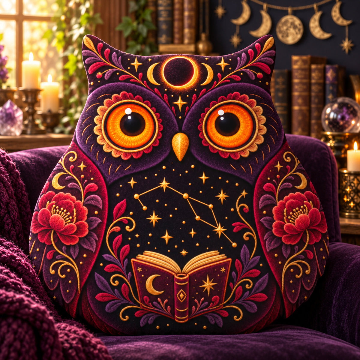Celestial Bookish Owl Plush Pillow design on a sunlit seat in a witchy room