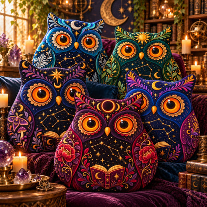 Four decorative owl-shaped throw pillows with intricate celestial and floral embroidery, arranged on a plush purple velvet sofa in a warmly lit, mystical room setting.