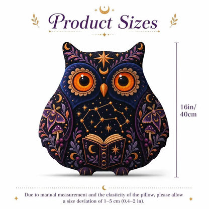 Size guide showing 16 inch / 40 cm: decorative plush pillow featuring owl with book, botanical and celestial artwork