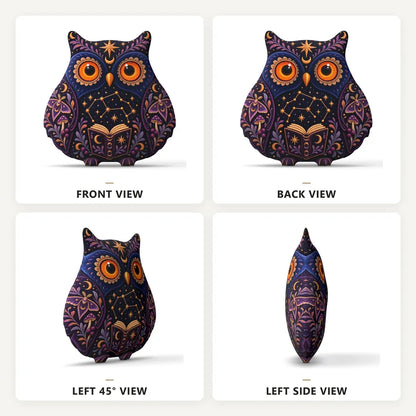 Front, back and side views: decorative plush pillow featuring owl with book, botanical and celestial artwork