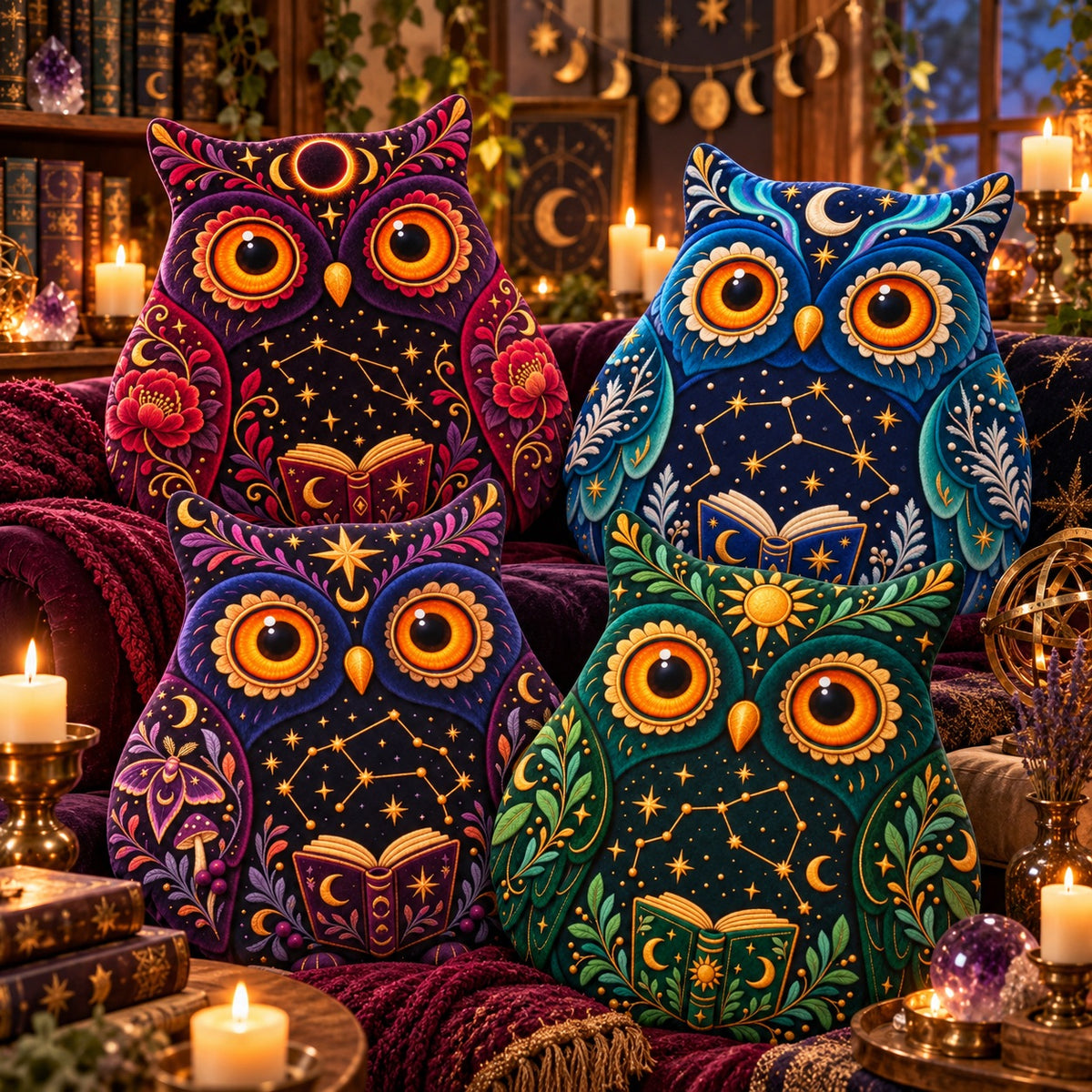 Three decorative owl-shaped throw pillows with colorful celestial and floral patterns, arranged on a cozy velvet sofa in a warmly lit room with candles and books.