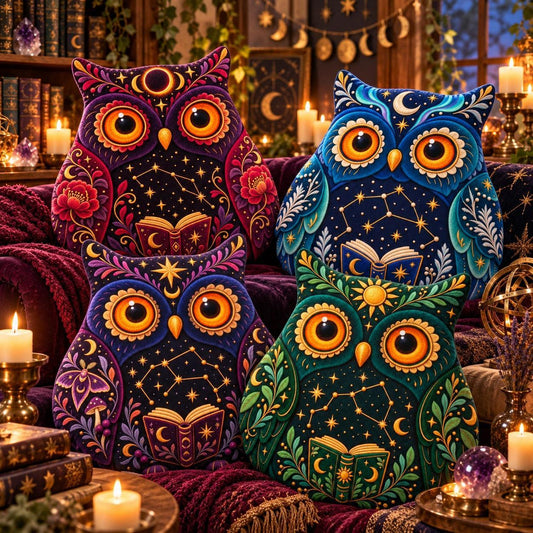 Three decorative owl-shaped throw pillows with colorful celestial and floral patterns, arranged on a cozy velvet sofa in a warmly lit room with candles and books.