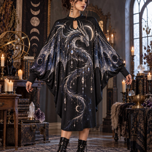 Celestial Dragon Gothic Batwing Dress – Witchy Crescent Moon Midi – worn, front view