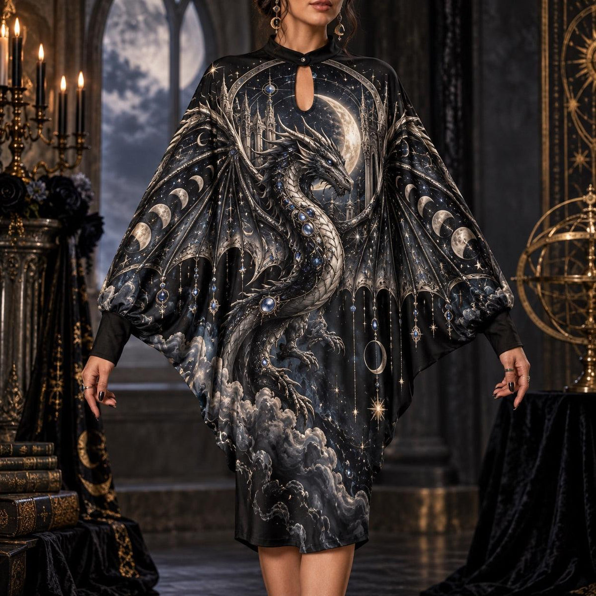 Celestial Dragon Moon Gothic Batwing Dress – Witchy Moon Phase Midi – worn, front view