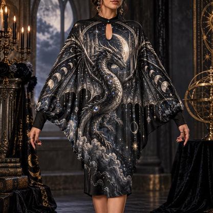 Celestial Dragon Moon Gothic Batwing Dress – Witchy Moon Phase Midi – worn, front view