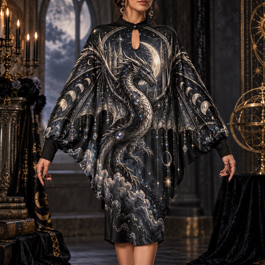 Celestial Dragon Moon Gothic Batwing Dress – Witchy Moon Phase Midi – worn, front view