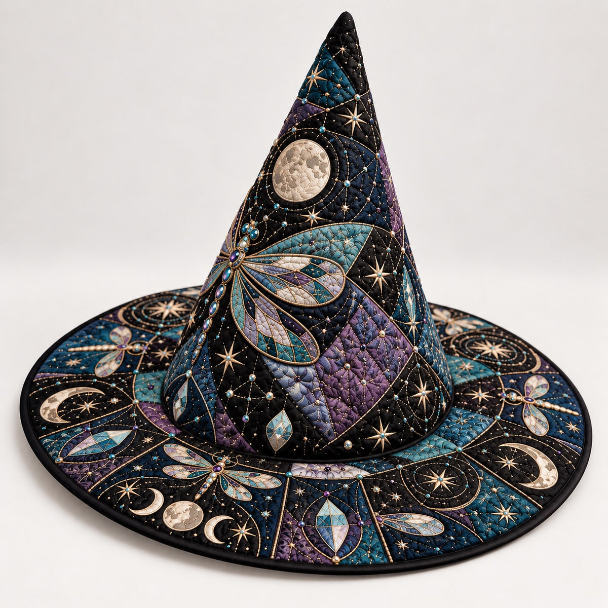 Celestial Dragonfly Quilted Witch Hat – Moon Phase Astrology Brim Hat – studio shot on a white background