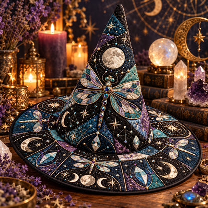 Celestial Dragonfly Quilted Witch Hat – Moon Phase Astrology Brim Hat – styled with candles and crystals