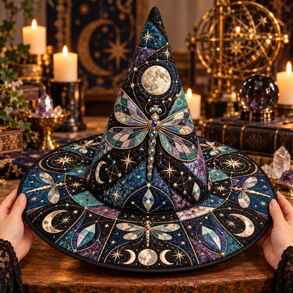 Celestial Dragonfly Quilted Witch Hat – Moon Phase Astrology Brim Hat – held in both hands