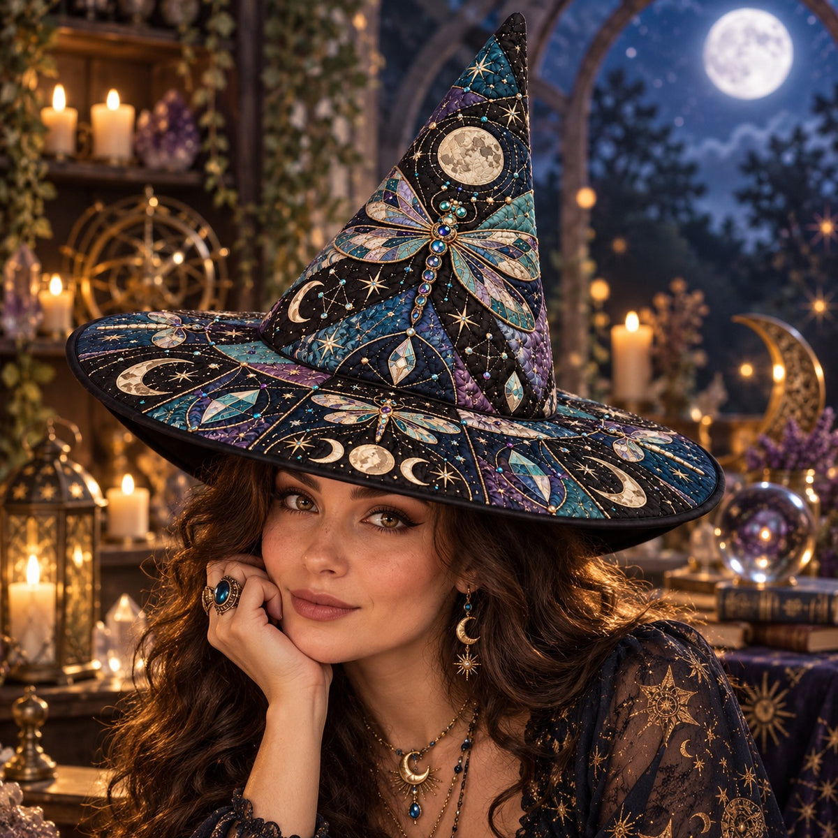 Celestial Dragonfly Quilted Witch Hat – Moon Phase Astrology Brim Hat – worn by a model