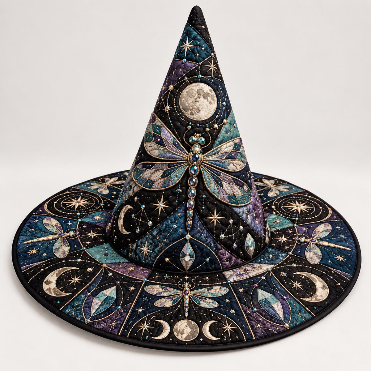 Celestial Dragonfly Quilted Witch Hat – Moon Phase Astrology Brim Hat – studio shot on a white background