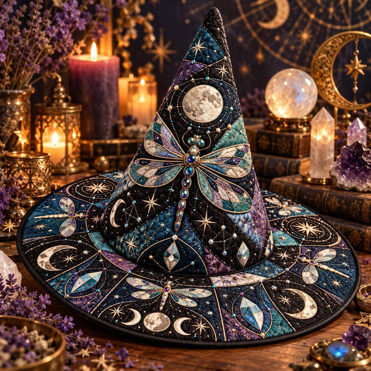 Celestial Dragonfly Quilted Witch Hat – Moon Phase Astrology Brim Hat – styled with candles and crystals