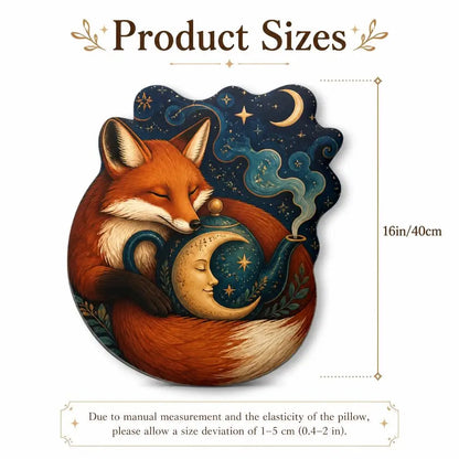 Size guide showing 16 inch / 40 cm: decorative plush pillow featuring sleeping fox with a celestial tea cup