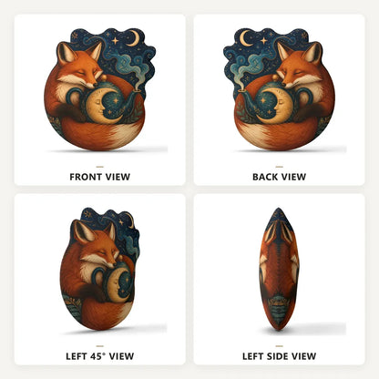 Front, back and side views: decorative plush pillow featuring sleeping fox with a celestial tea cup