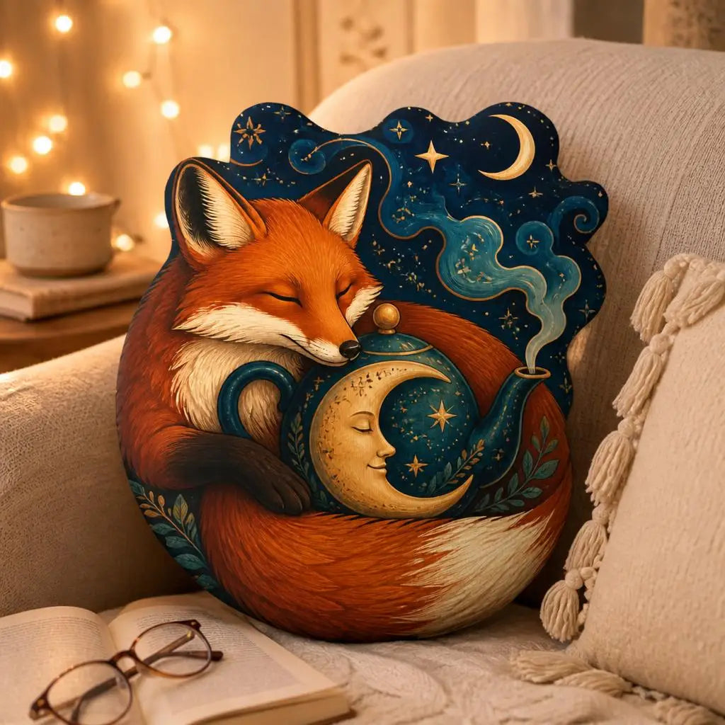 Styled room view: decorative plush pillow featuring sleeping fox with a celestial tea cup