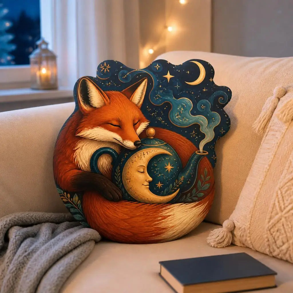 Alternate styled room view: decorative plush pillow featuring sleeping fox with a celestial tea cup