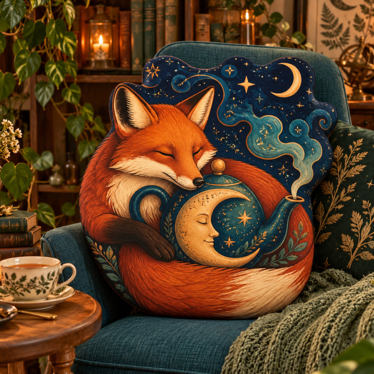 Celestial Fox Tea Cup Plush Pillow in a witchy room