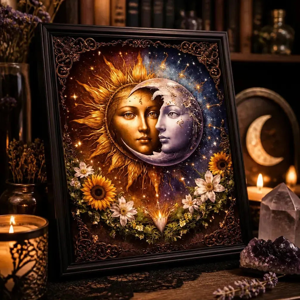 Celestial Goddess Wicca Black Framed Art Print - Sun & Moon Pagan Wall Art for Magical Space_mockup_3.webp