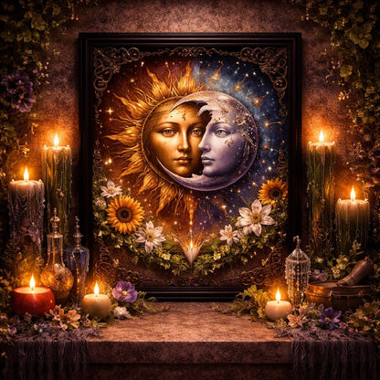 Celestial Goddess Wicca Black Framed Art Print - Sun & Moon Pagan Wall Art for Magical Space-MoonChildWorld