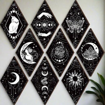 Celestial Moon Phases Wall Decor Set 9pcs - Wicca Sun Moon Wooden Hanging Signs for Witchy Home Decor-MoonChildWorld
