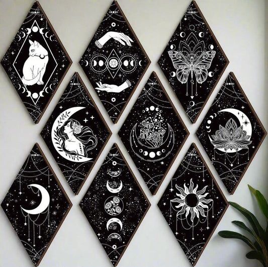 Celestial Moon Phases Wall Decor Set 9pcs - Wicca Sun Moon Wooden Hanging Signs for Witchy Home Decor-MoonChildWorld