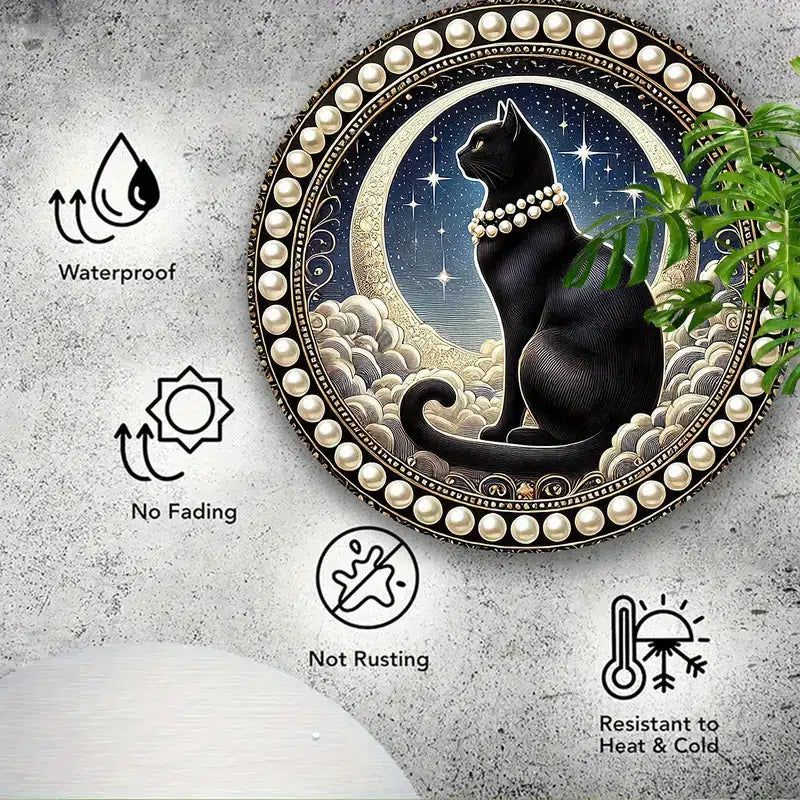 Celestial Moon and Black Cat Metal Sign Mystical Wall Decor-MoonChildWorld