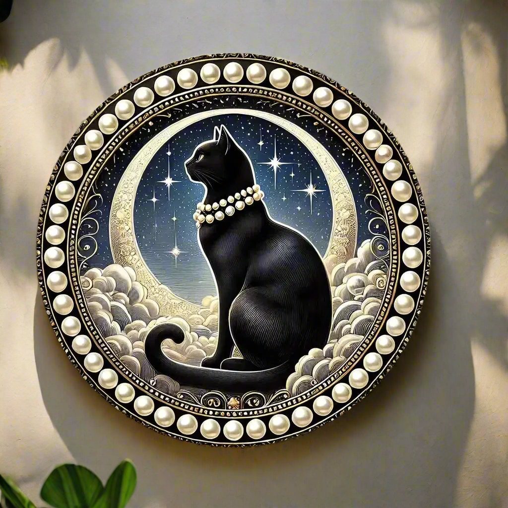 Celestial Moon and Black Cat Metal Sign Mystical Wall Decor-MoonChildWorld