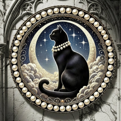 Celestial Moon and Black Cat Metal Sign Mystical Wall Decor-MoonChildWorld