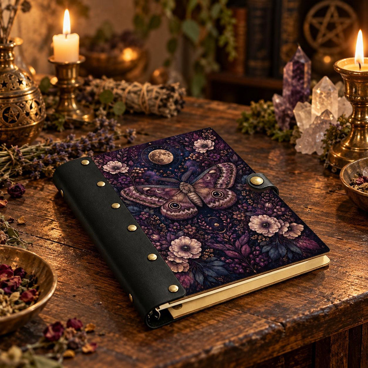 Celestial Moth Floral Moon Journal - Witchy Book of Shadows — view 3 on a realistic Pagan ritual altar