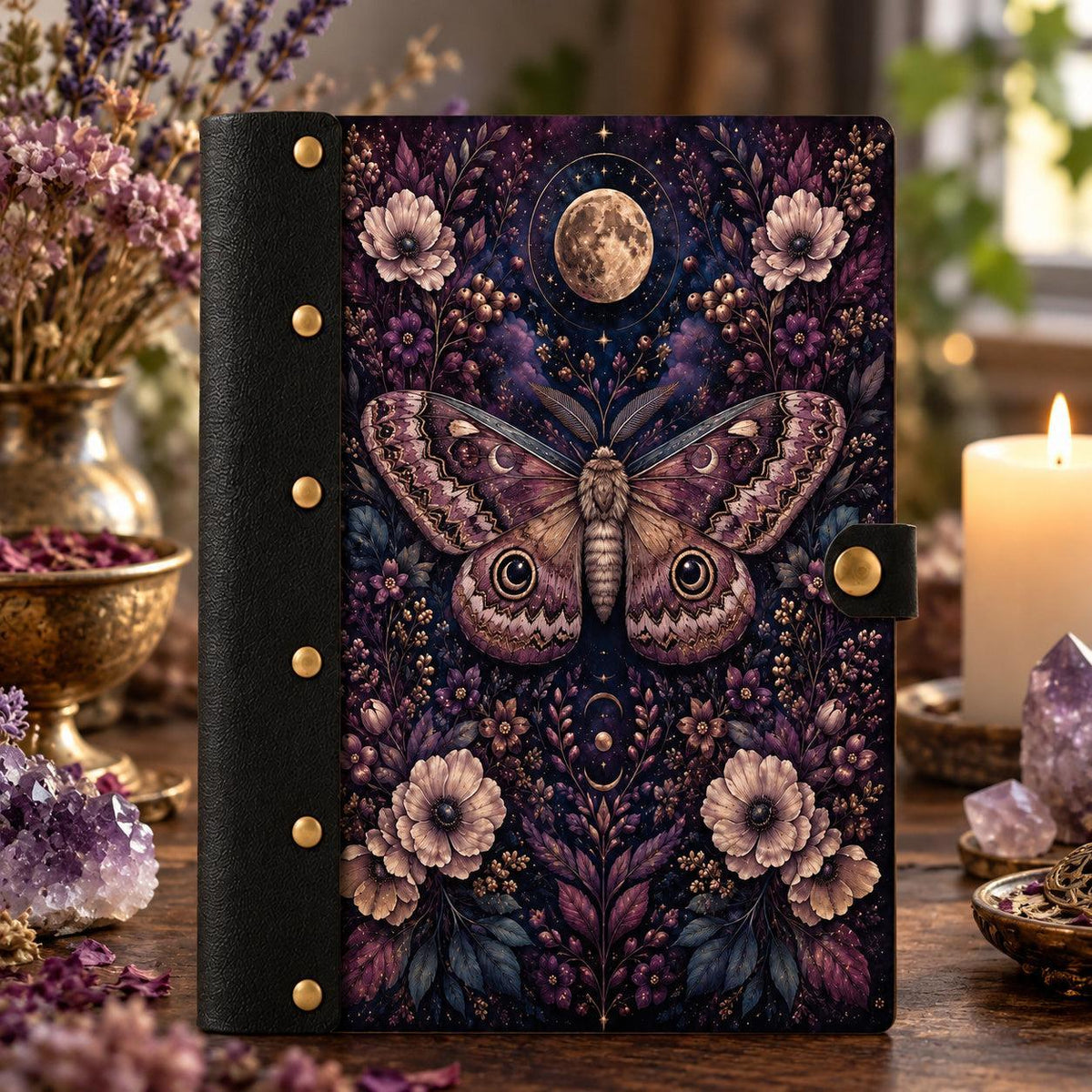 Celestial Moth Floral Moon Journal - Witchy Book of Shadows on a candlelit pagan ritual altar