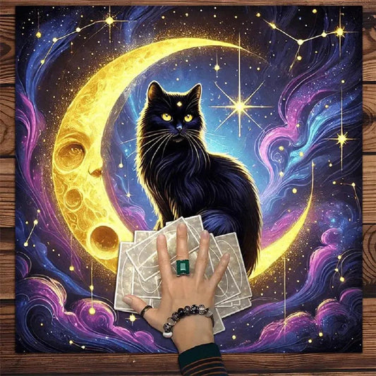 Celestial Mystic Cat Tarot Tablecloth - Enchanted Moon & Starry Night Design with Black Cat-MoonChildWorld