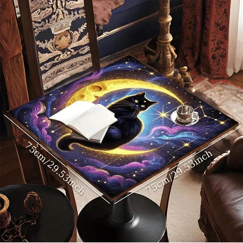 Celestial Mystic Cat Tarot Tablecloth - Enchanted Moon & Starry Night Design with Black Cat-MoonChildWorld