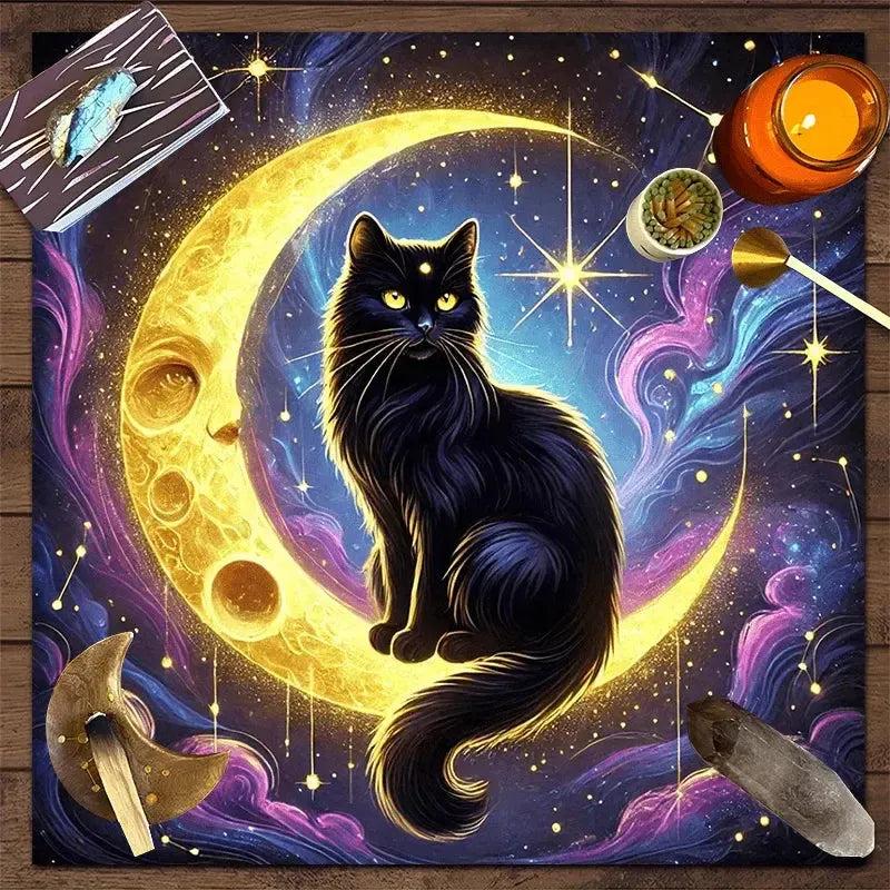 Celestial Mystic Cat Tarot Tablecloth - Enchanted Moon & Starry Night Design with Black Cat-MoonChildWorld