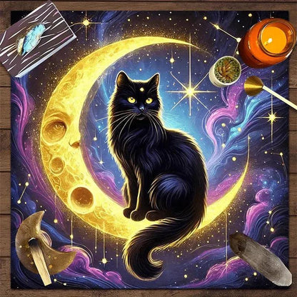Celestial Mystic Cat Tarot Tablecloth - Enchanted Moon & Starry Night Design with Black Cat-MoonChildWorld